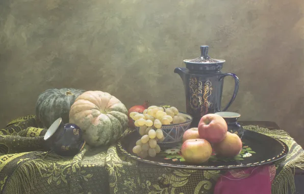 Table, apples, grapes, pumpkin, fabric, bowl, pitcher, fruit