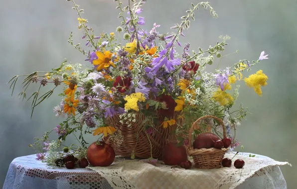 Picture summer, flowers, bouquet, still life, cherry, nectarine