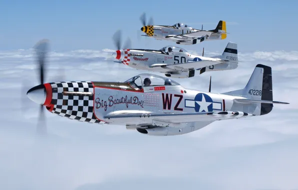 Picture the sky, clouds, the plane, Mustang, fighter, pilot, flies, P-51