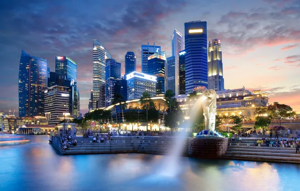 Night, the city, lights, skyscrapers, Asia, Singapore, architecture, pond