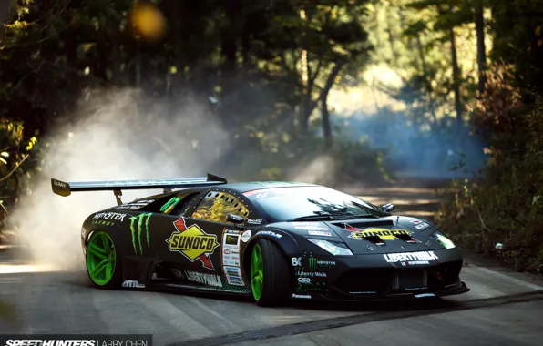 Road, smoke, speed, dust, skid, speedhunters, Liberty Walk, Lamborghini Murciélago