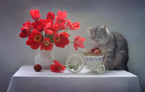 Picture cat, flowers, background, eggs, tulips, basket, cat, Svetlana Kovaleva