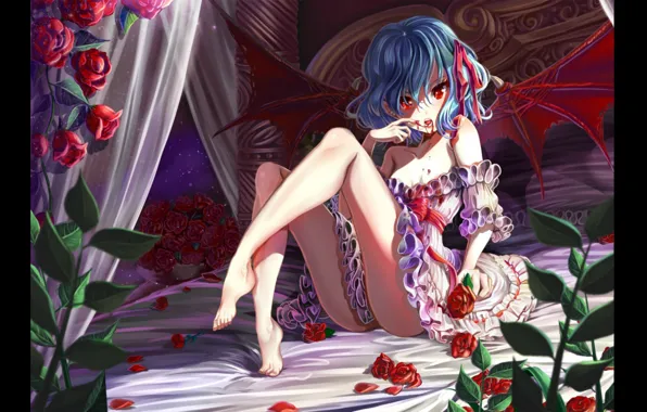 Red eyes, on the bed, red roses, vampire, blood on the lips, Touhou Project, Remilia …