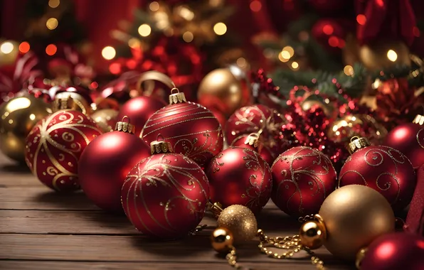 Decoration, balls, tree, Christmas, New year, red, golden, Christmas