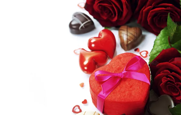 Gift, romance, heart, roses, candy, bow, Valentine's Day, Valentine's Day