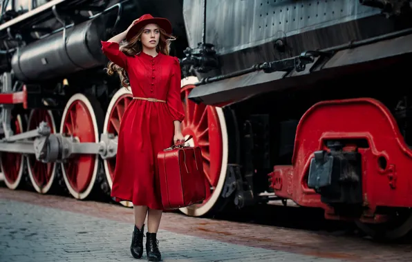 Picture girl, style, model, the engine, the situation, the platform, suitcase, hat