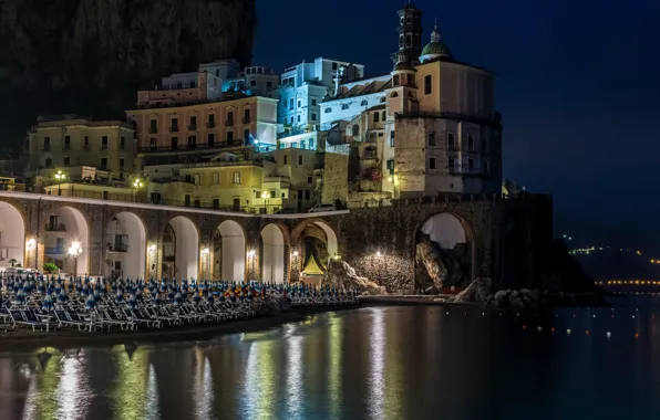 City, lights, house, beach, sea, landscape, Italy, Campania