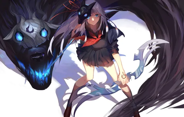 Picture girl, weapons, magic, monster, anime, mask, art, league of legends