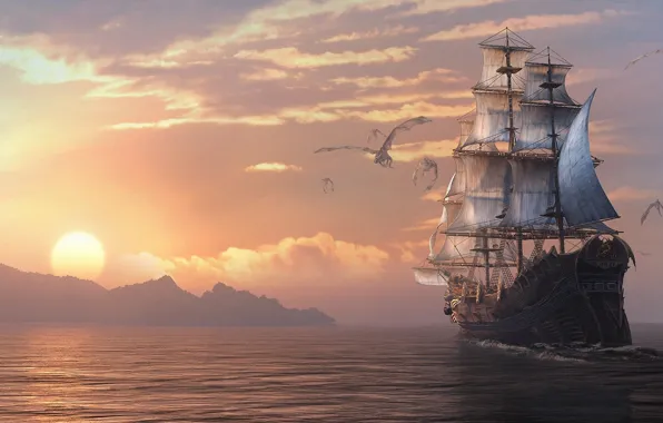 Picture sea, sunset, ship, sailboat, dragons, art, Dragon Eternity, dragons of eternity