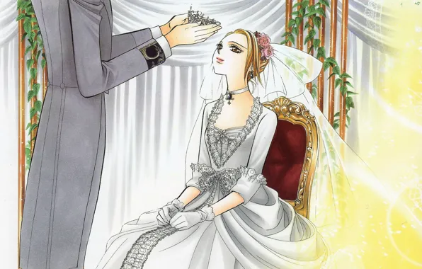Chair, curtains, gloves, lace, the bride, Diadema, veil, wedding dress