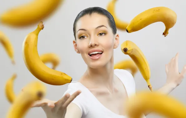 Picture girl, joy, bananas, brown hair, brown-eyed