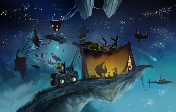 Machine, stars, night, monster, tent