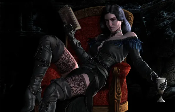 Picture girl, wine, chair, book, Witcher, The Witcher 3: Wild Hunt, Yennefer, cd Projekt red