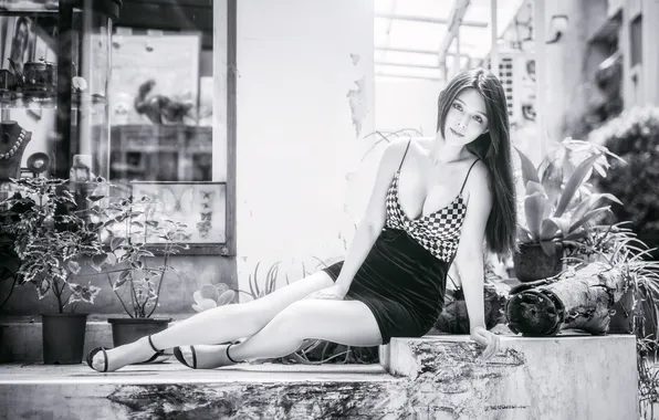 Girl, black and white, dress, legs, Asian