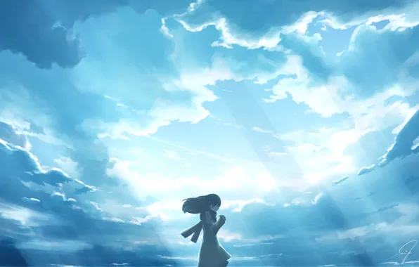Sadness, the sky, girl, rays