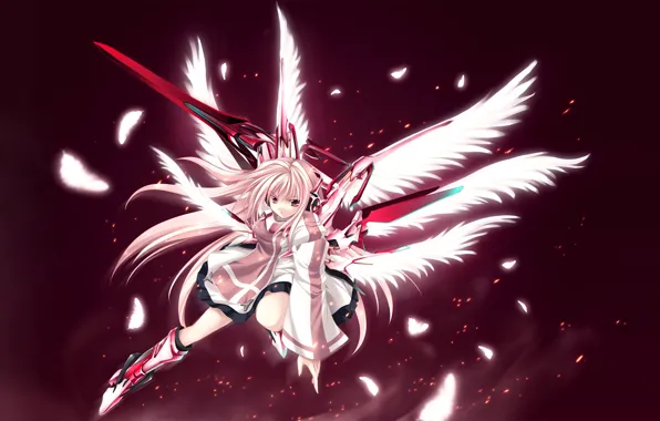 Girl, wings, sword, feathers, outfit, fur, mechagirl