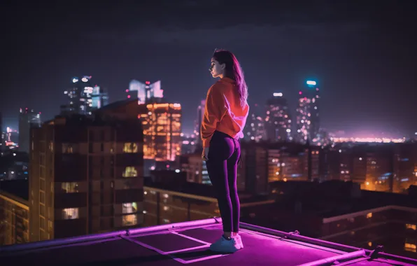 Picture city, girl, night, roof