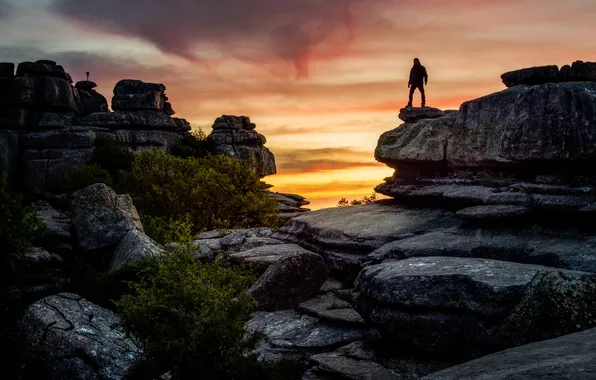 The sky, clouds, sunset, mountains, stones, open, rocks, people