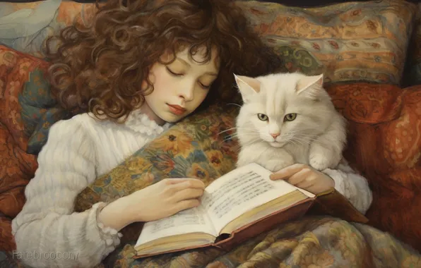 Cat, white, cat, sleep, pillow, hands, sleeping, girl