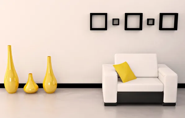 White, yellow, bright, design, style, room, sofa, black