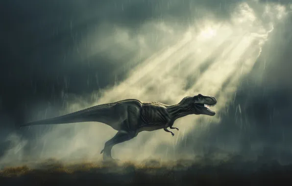 Rain, Clouds, Predator, Dinosaur, Animal, The Rays Of The Sun, Digital art, Tyrannosaurus