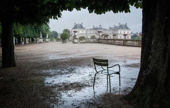 Picture trees, puddle, chair, after the rain, Luxembourg, terrace