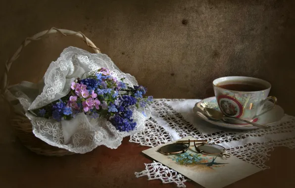 Retro, glasses, Cup, still life, basket, forget-me-nots