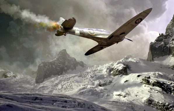 Picture winter, crash, snow, mountains, the plane, war, smoke, drop