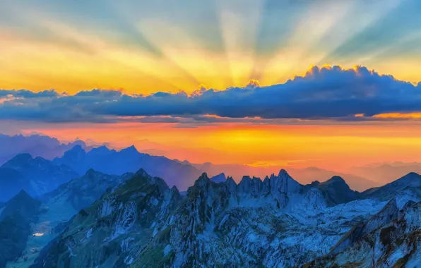 Clouds, sunset, mountains, tops, Alps