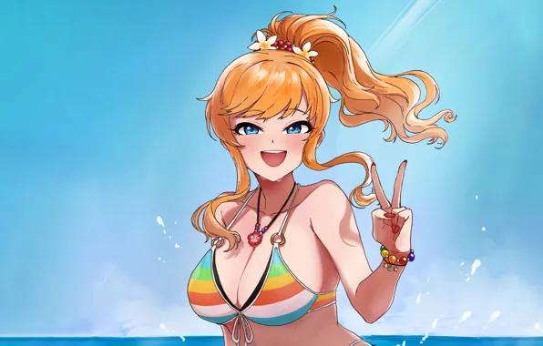Girl, sexy, cleavage, sky, long hair, sea, boobs, anime