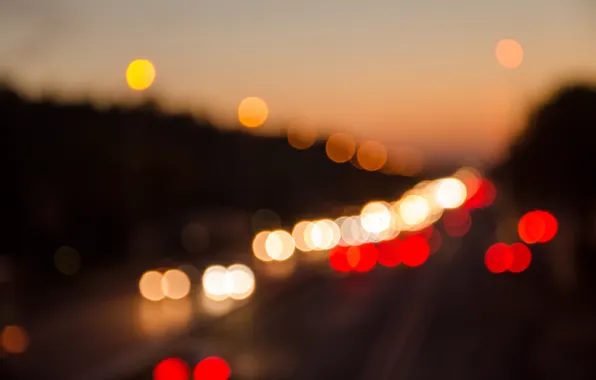 Picture road, sunset, machine, the city, lights, Bokeh