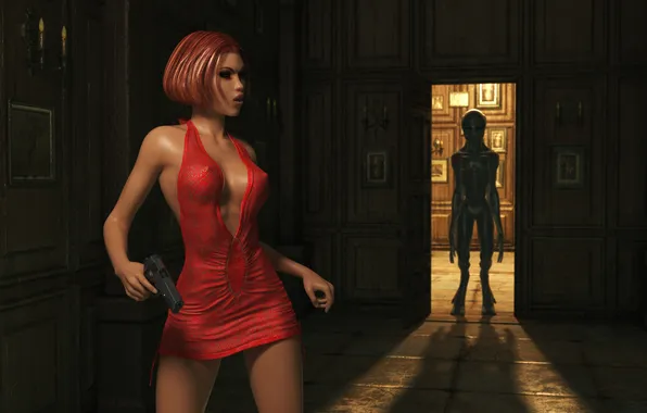 Erotic, chest, girl, gun, body, dress, alien, alien