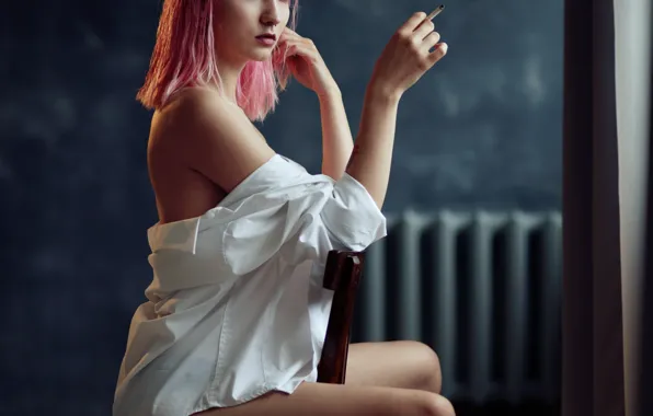 Look, girl, pose, hand, cigarette, chair, shoulder, pink hair