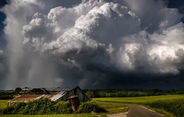 Road, the storm, field, forest, summer, the sky, clouds, clouds