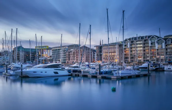 Clouds, the city, shore, England, building, home, boats, pier