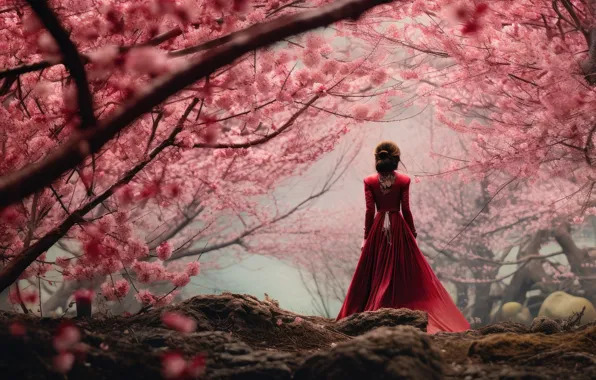 Girl, flowers, branches, nature, fog, Park, stones, red