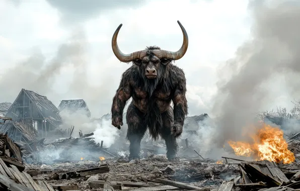 Picture Home, Fire, Monster, Horns, Digital art, Devastation, The Minotaur, Mythology