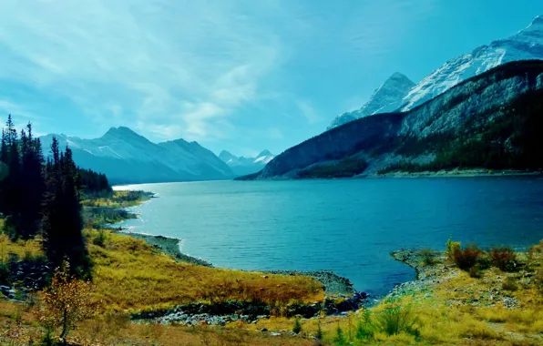 Autumn, the sky, grass, clouds, trees, mountains, lake
