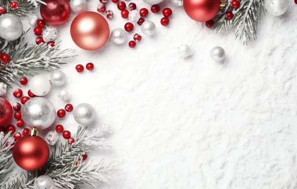 Balls, snow, branches, berries, fruit, Christmas, red, white background