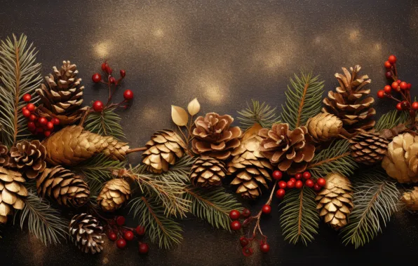 Leaves, branches, berries, the dark background, Shine, sequins, fruit, Christmas