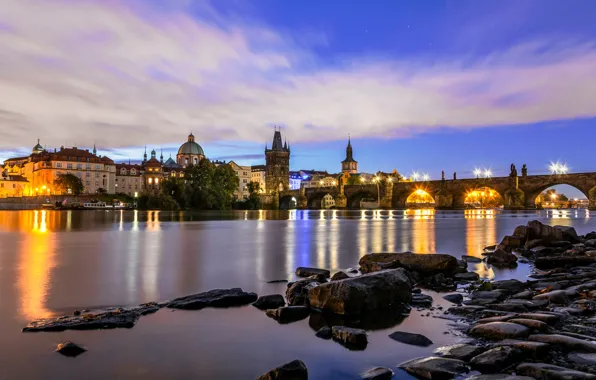 Lights, river, Prague, Czech Republic, Vltava, Charles Bridge