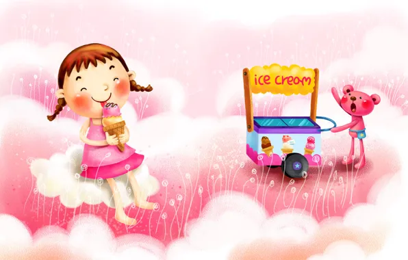 Picture clouds, joy, fantasy, figure, ice cream, girl, braids, truck