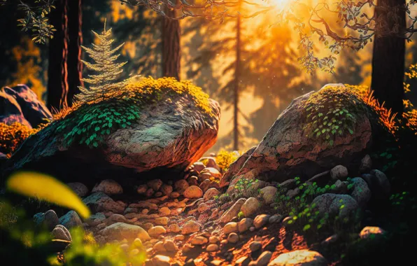 Forest, the sun, light, landscape, branches, nature, fog, pebbles
