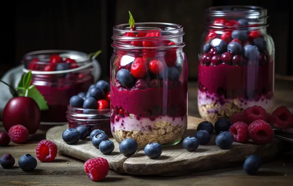 Berries, banks, layers, different, dessert, cereal, digital art, AI art