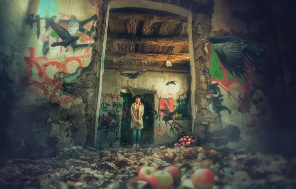 Picture girl, birds, basket, apples, abandoned house