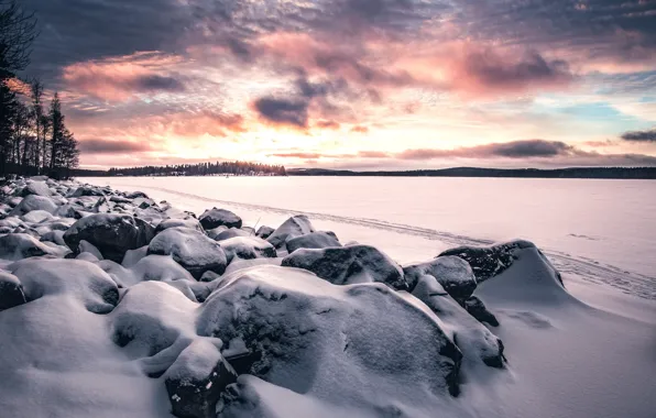Picture winter, field, snow, sunset