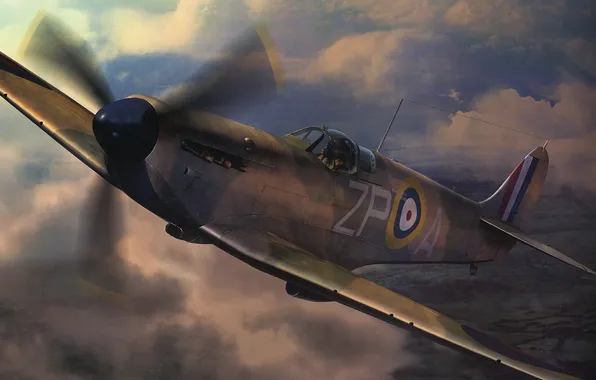 The sky, clouds, the plane, fighter, pilot, British, mk1, supermarine spitfire