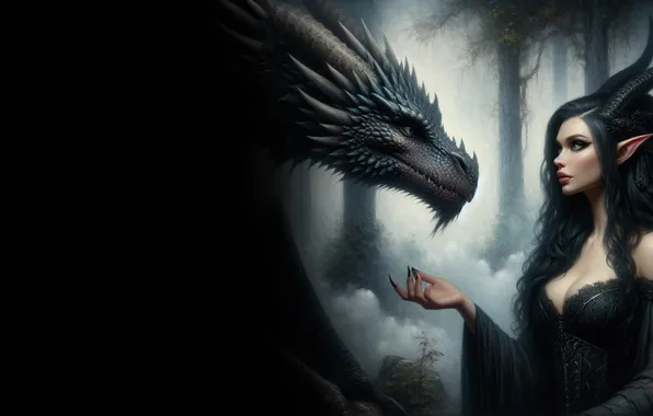 Forest, girl, fog, darkness, dragon, fantasy