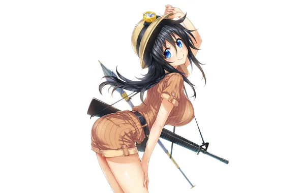 Girl, weapons, background, blue eyes, helmet, long hair, anime, art