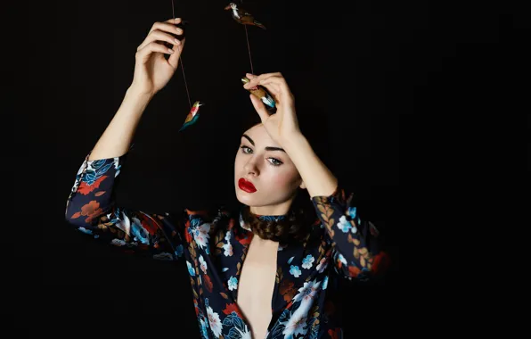 Look, girl, face, hair, hands, makeup, lipstick, birds